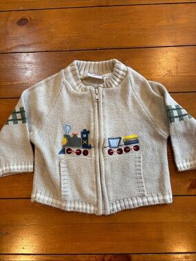 Vintage B.T. kids Beige Baby Train Zip Cardigan Boys Size 18 Months
